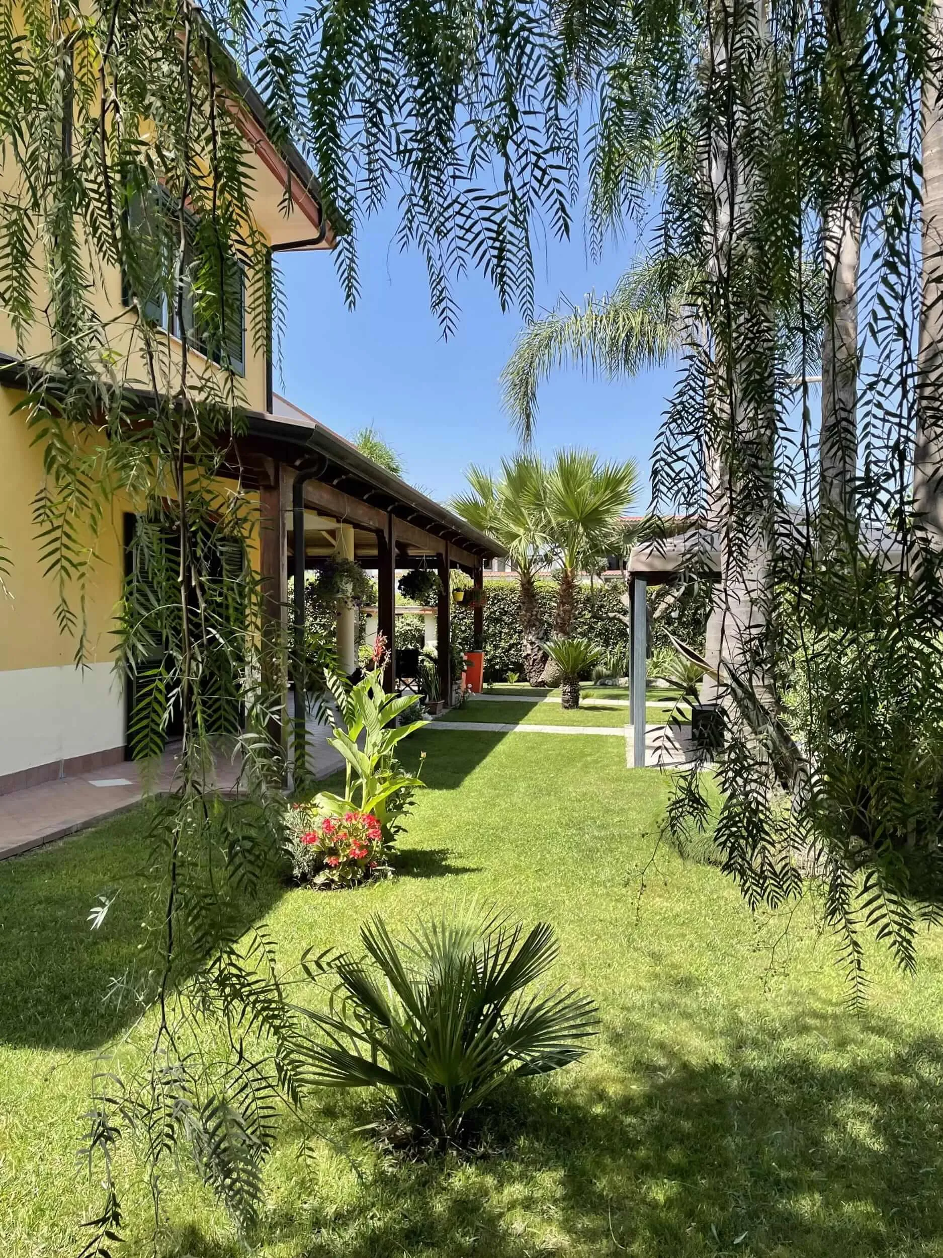 Il porticato della villa affacciato sul prato e sulle palme